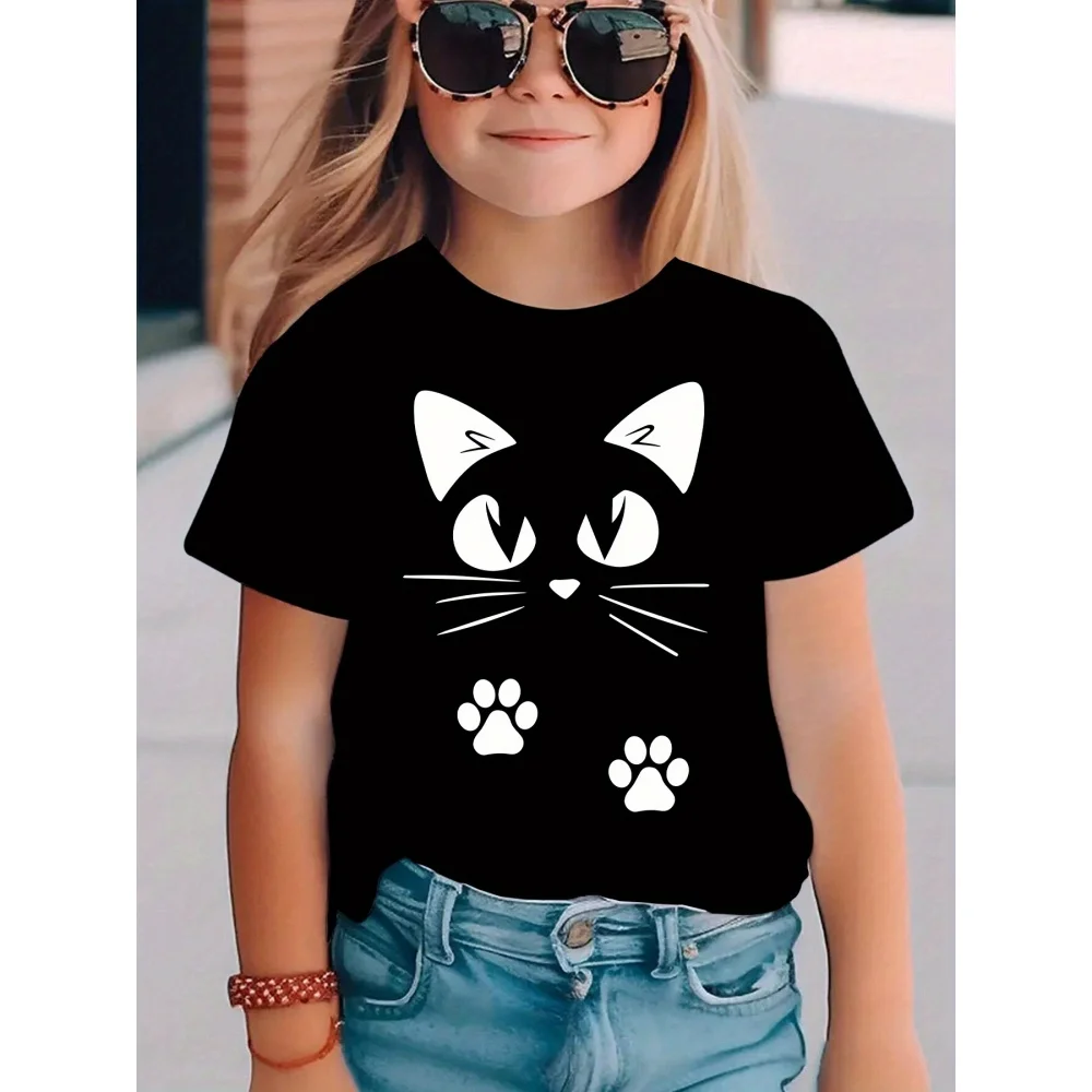 Kinderkleidung Mädchen 3D Graffiti Schwarze Katze Kurzarm Sommer Top Niedlich Lässig O-Ausschnitt Mehrfarbig Spritzer Kinderkleidung Mädchen – Detail 5
