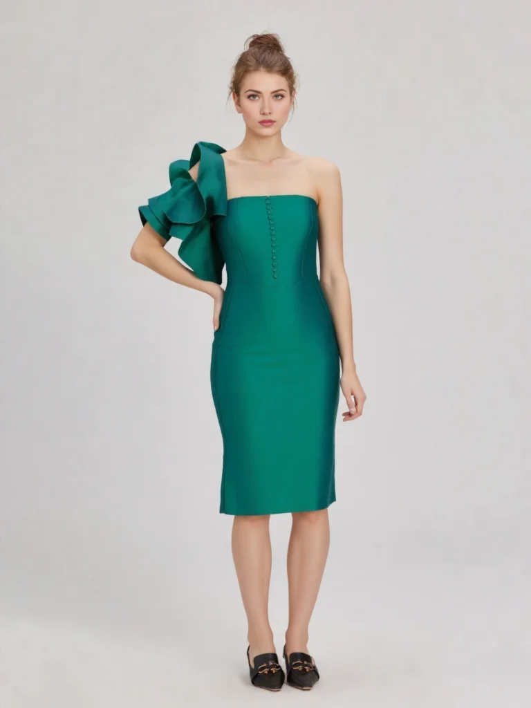 Emeral Green Satin Mother of the Bride Dress for Wedding Knee length Formal Party Dress Short Ruffle sleeveless CocktailGown