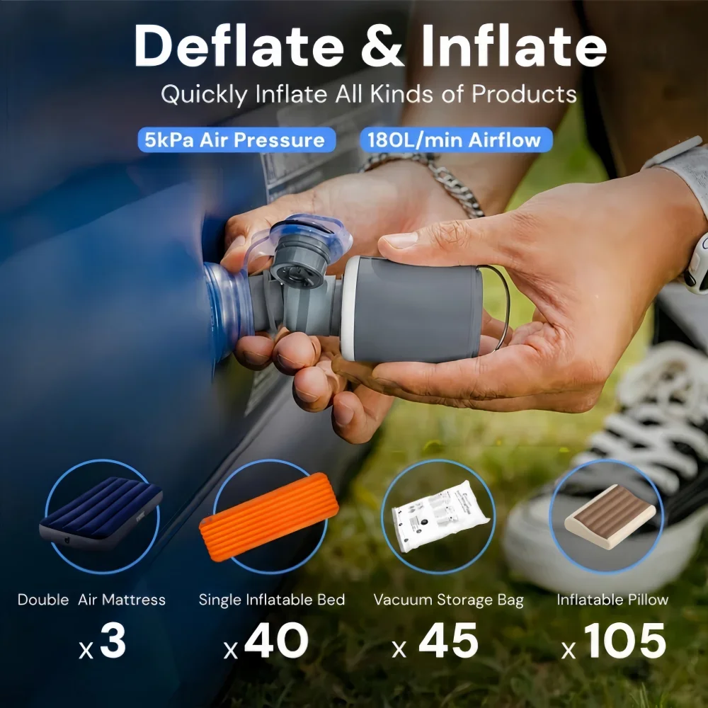 Mini Electric Inflatable Air Pump 3-in-1 with Lights Wireless Air Compressor Pump for Camping Hiking Inflate & Deflate Equipment