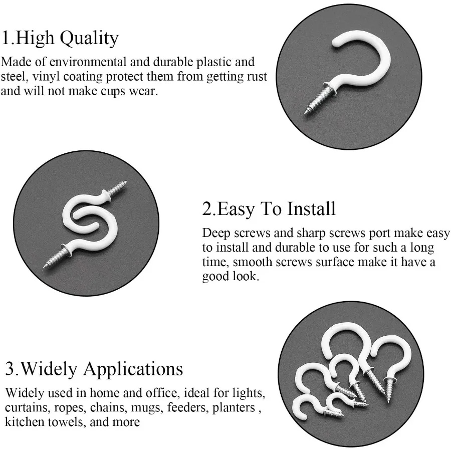 مجموعة خطافات الأكواب 110 قطعة 6 أحجام حامل خطافات السقف المطلي بالفينيل للمكتب المنزلي وأماكن العمل باللون الأبيض 1 2 "5 8" 3 4 "7 8" 1 "11 4"