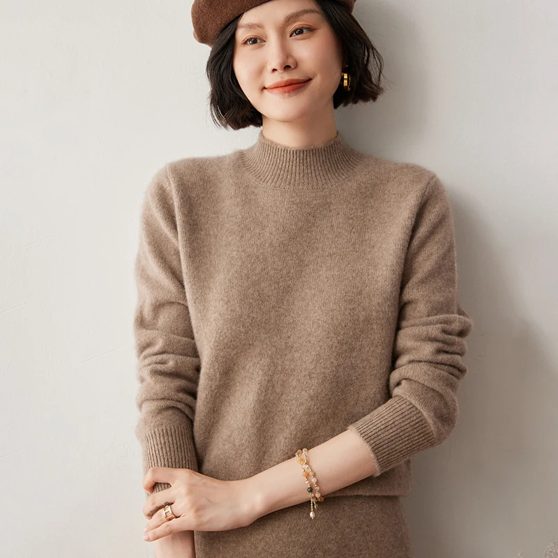 Women's Semi High Neck Goat Cashmere Sweater Long Sleeved Solid Color Basic Multifunctional Pullover Winter High-Quality KnitTop