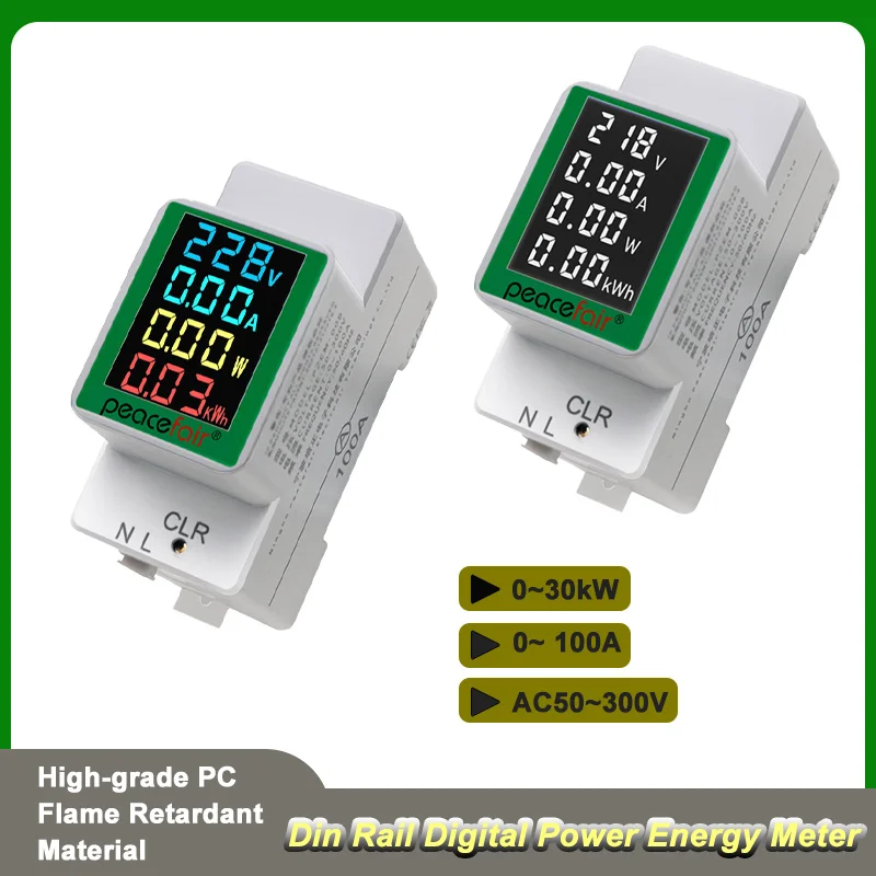 AC50 ~ 300V Din Rail Electricity Digital Power Energy Meter Voltmeter Electric Current Tester 0~ 100A Watt Kwh Watmeter Monitor