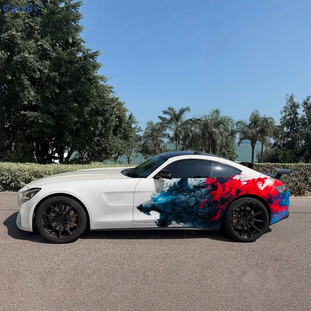 2pcs Iridescent Fluid Howling Wolf Car Side Wraps, Self-Adhesive PVC Waterproof & Scratch-Resistant Stickers, Car Accessory Gift