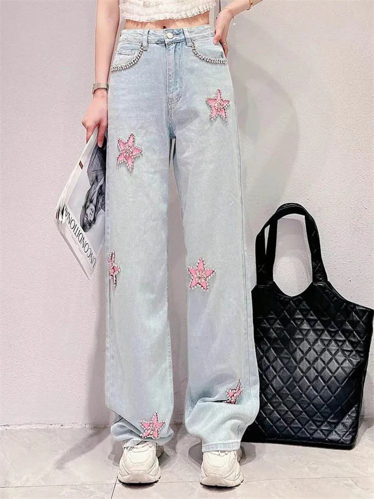 Jeans Female Summer New Korean Sweet Heavy Industry Rhinestone Five-Pointed Star Jeans Fashion High Waist Slim Wide Leg Trousers