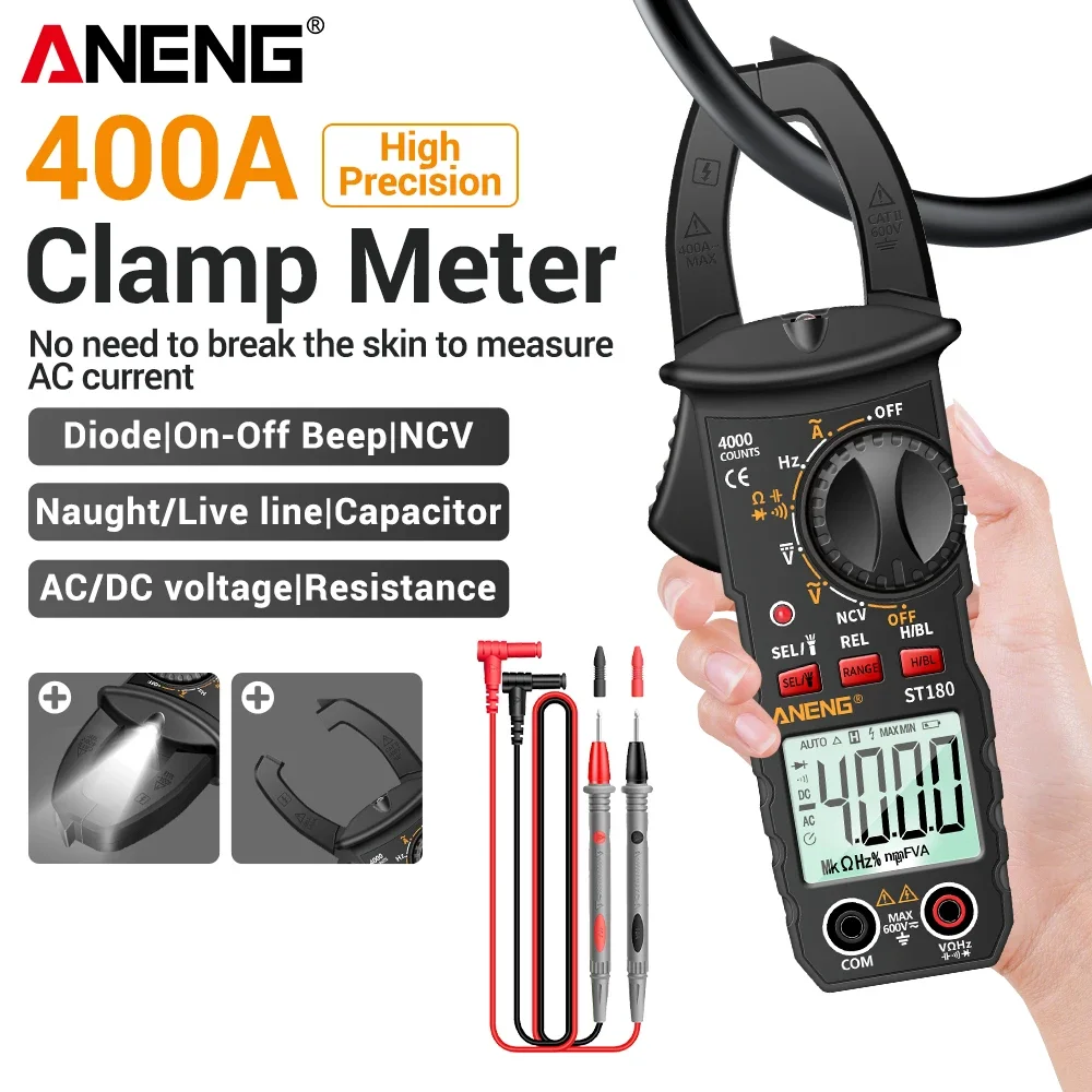 ANENG ST180 클램프 미터 디지털 AC 전류 4000 카운트 전류계 전압 테스터 자동차 앰프 Hz 커패시턴스 NCV 옴 도구 멀티 미터