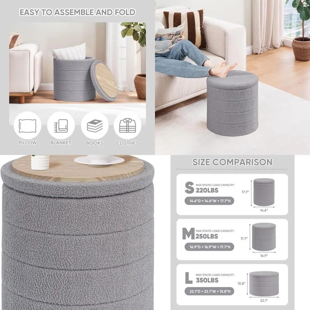 

Серый велюровый пуф-органайзер с откидным столиком для гостиной, спальни и общежитий