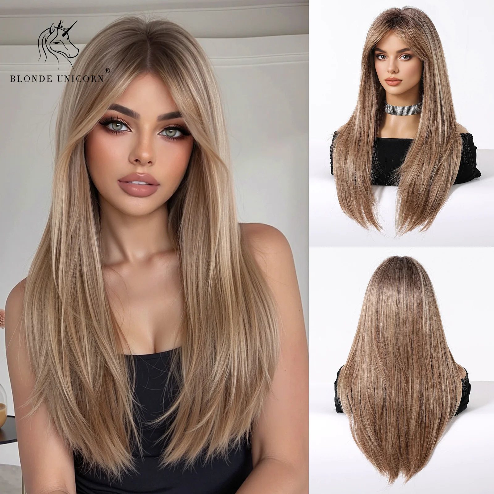 

Blonde Unicorn Brown Synthetic Long Straight Wig with Bangs for Woman Cosplay Halloween Layered Wigs Heat Resistant Fiber Hair