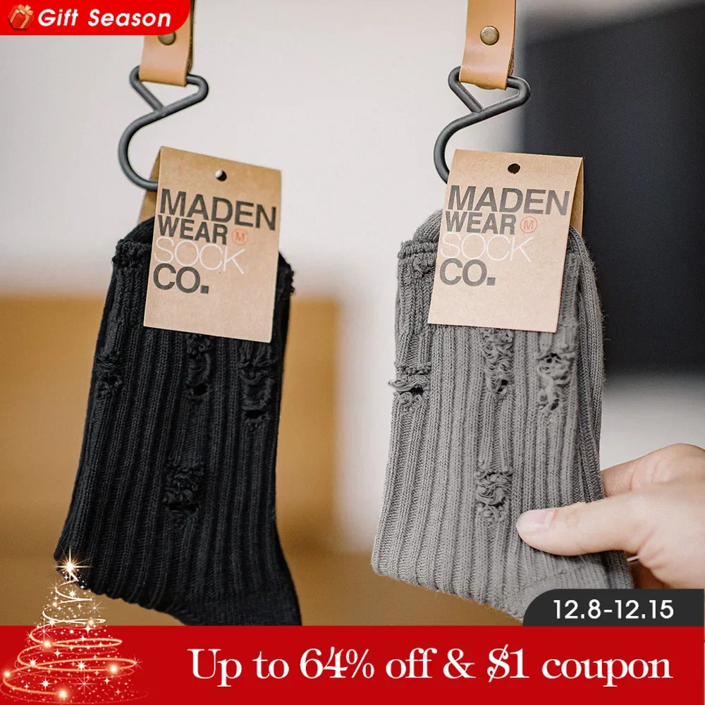 Maden 3 Pairs Casual Ripped Knitted Mid-Calf Socks with Vertical Stripes Breathable Sweat-absorbent Cotton Socks for Men