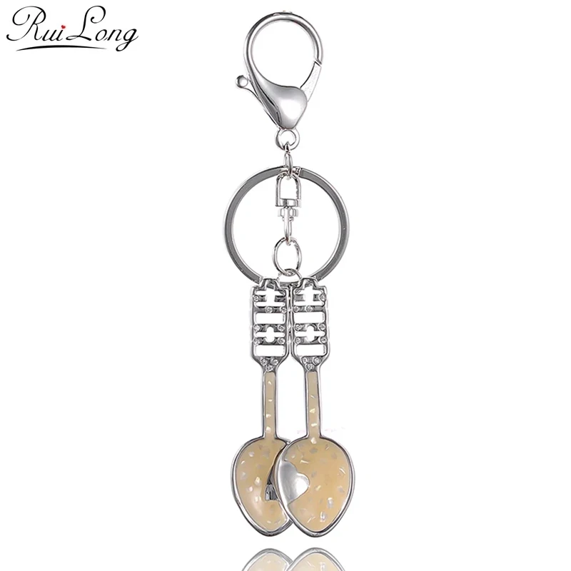 Drip Alloy Keychain Chaveiro drop oil double Spoon with rhinestone crystal KeyChain stainless Key Ring
