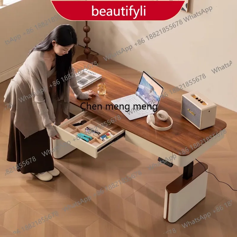 01A Modern Chinese solid wood lifting desk 2 people stacked storage drawer adjustable computer desk