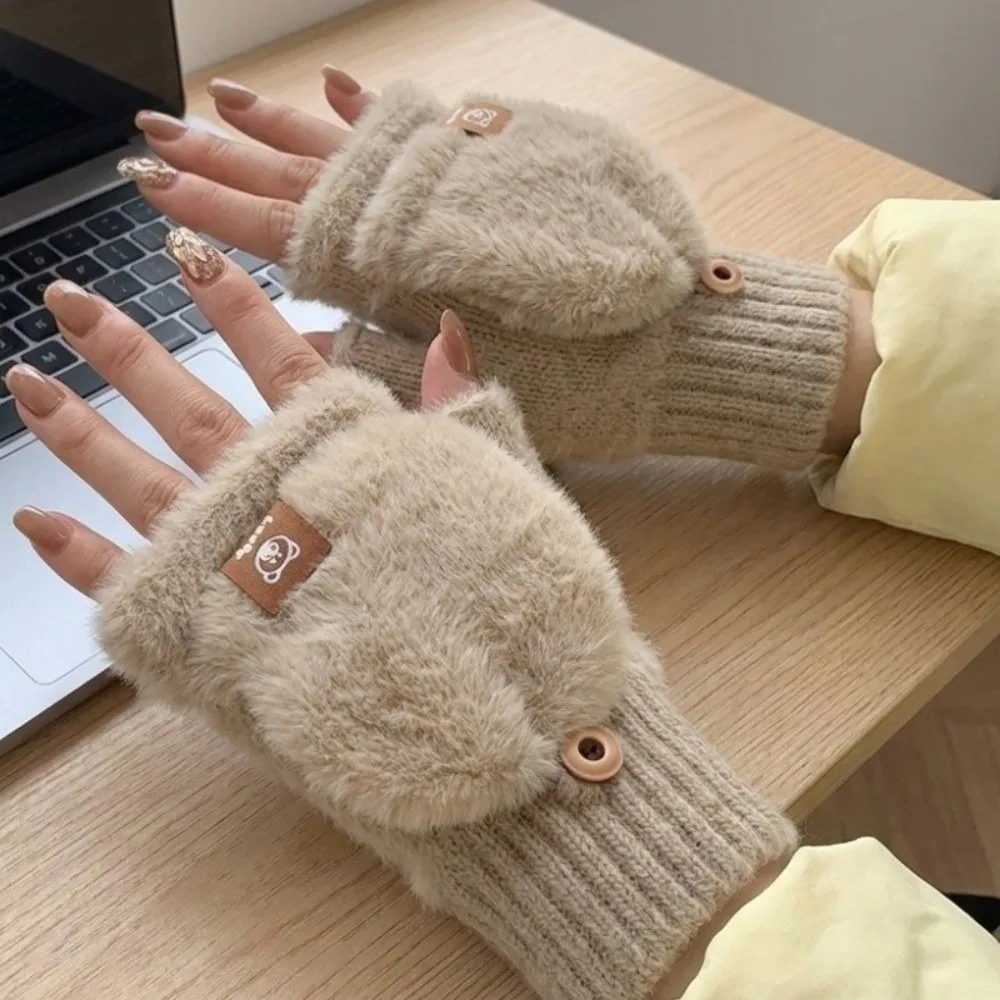 Thermal Soft Plush Flip Cover Gloves Fuzzy Warm Half Finger Gloves Bear Touch Screen Convertible Mittens Winter