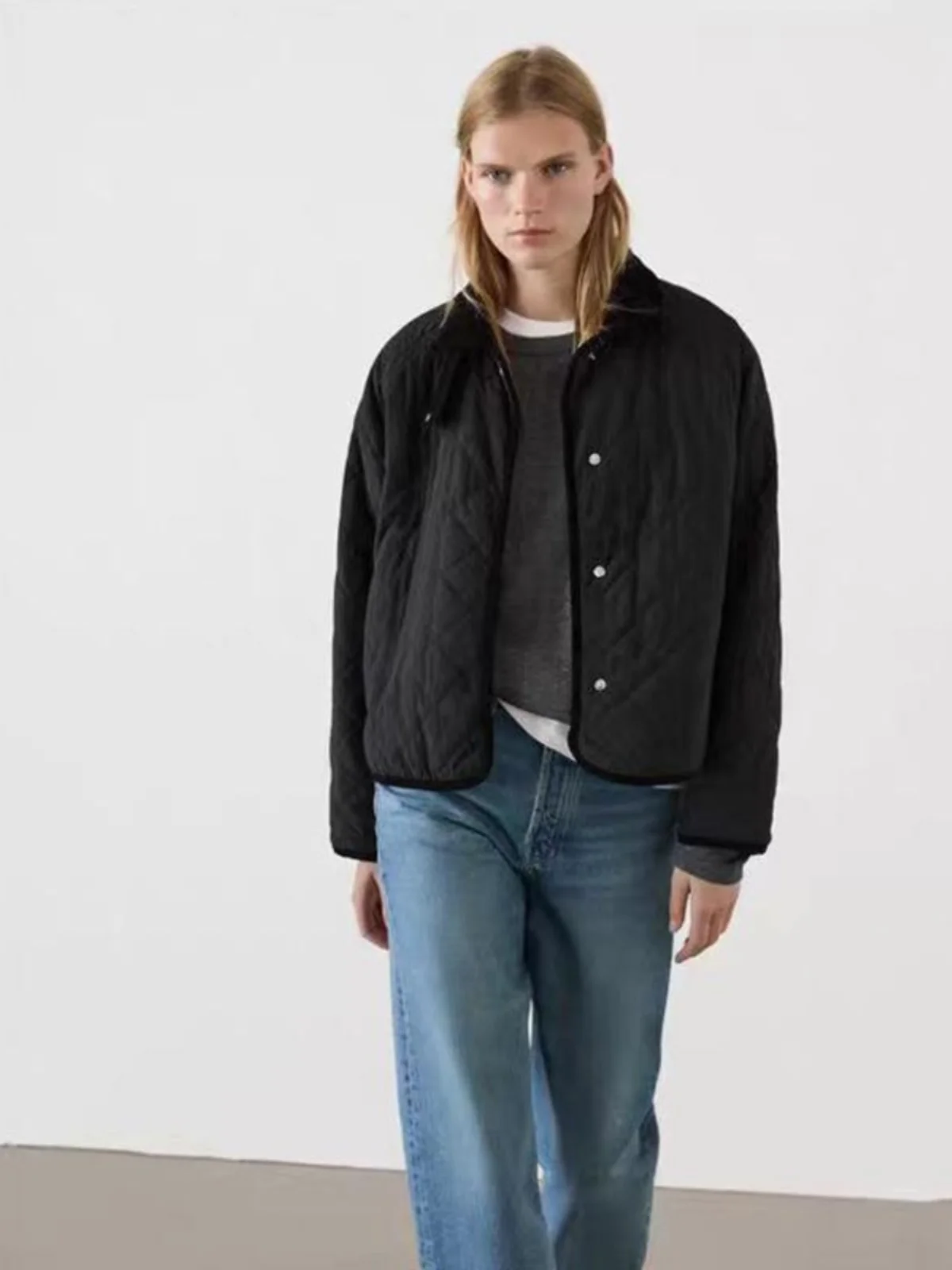 

Casual Quilted Cotton Jaet ort Sle High Collar Diamond Pattern New Autumn Winter Women's Faion Outerwear Coat