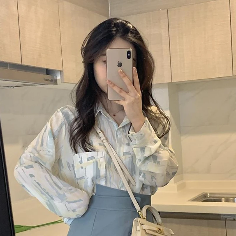 

With Print Loose Shirts & Blouses for Women Modern Long Elegant and Youth Clothing Trend 2025 Youthful Casual Luxury Woman Top