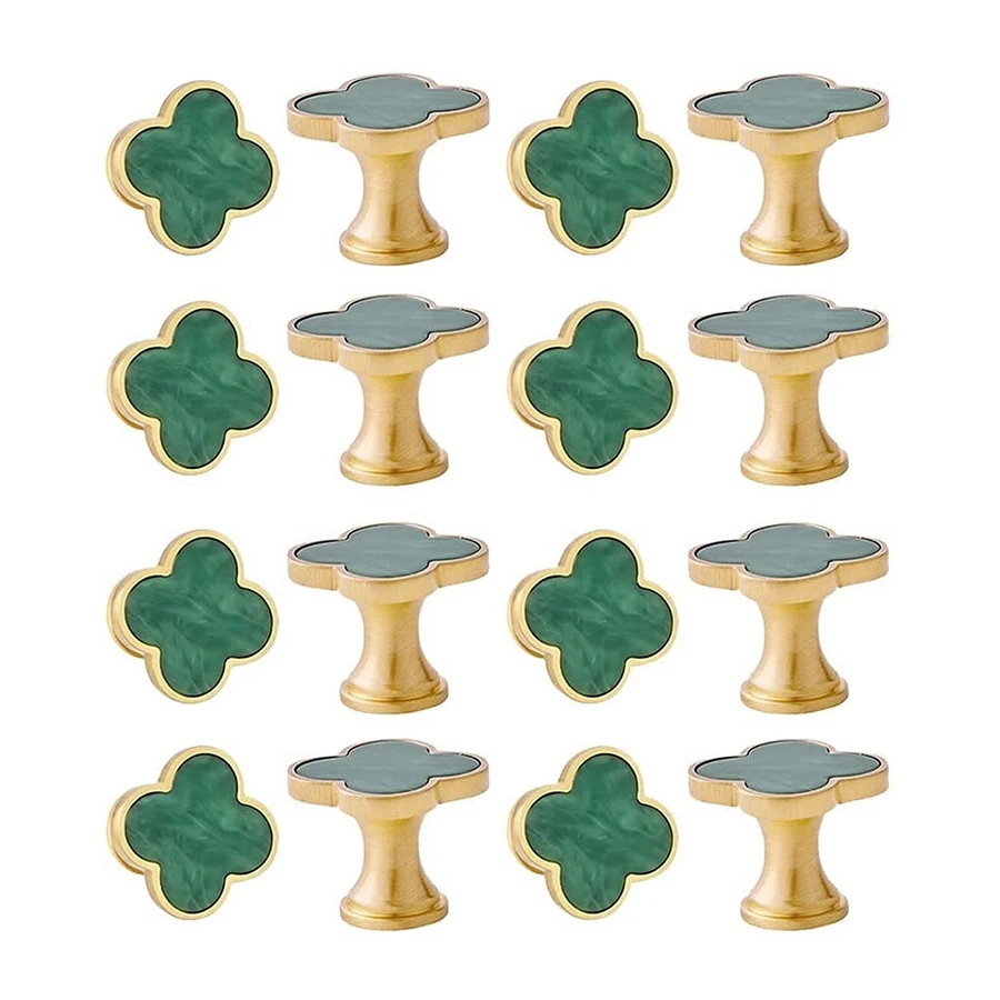 12PCS Drawer Handle Four Leaf Clover Shape Brass Gold Knobs for Cabinets for Kitchen Cupboard Dressing Table (Green)