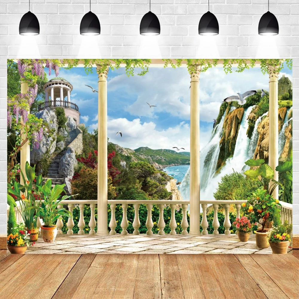 Фон для фотосъемки с изображением летнего побережья праздников зеленых ладоней балкона природного ландшафта фон для фотостудии