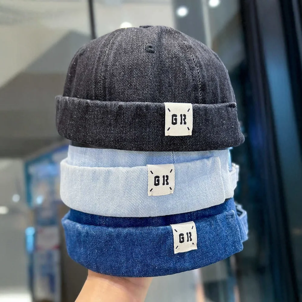 2026 Denim Docker Cap Without Visor Letter Label Brimless Caps Adjustable Solid Color Hats Unisex Adult Retro Hip Hop Street