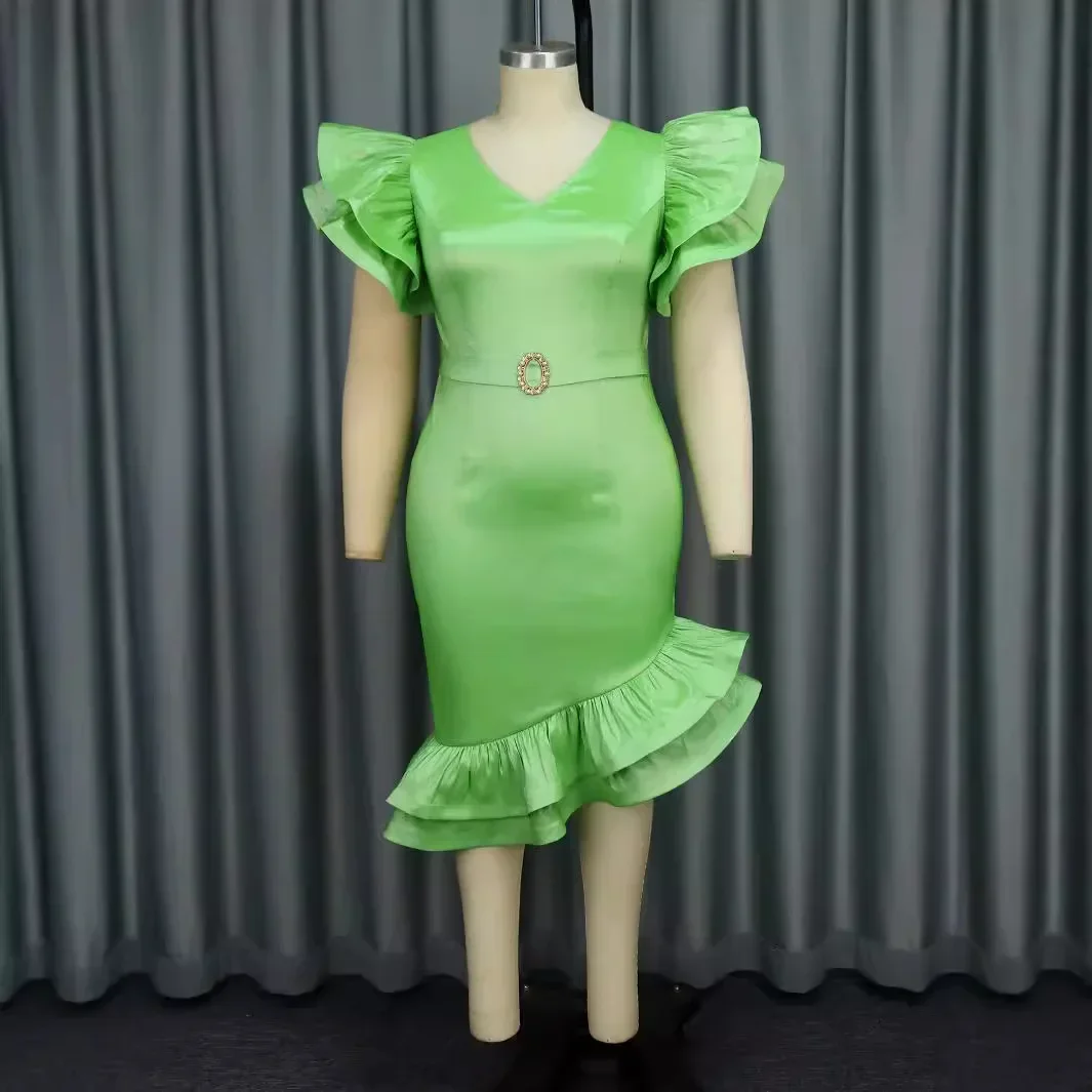 Women Elegant Green Shiny Satin Party Dress V Neck Short Ruffle Sleeve Package Hip Diamond Belt  Wedding Guest Prom Ball Gowns