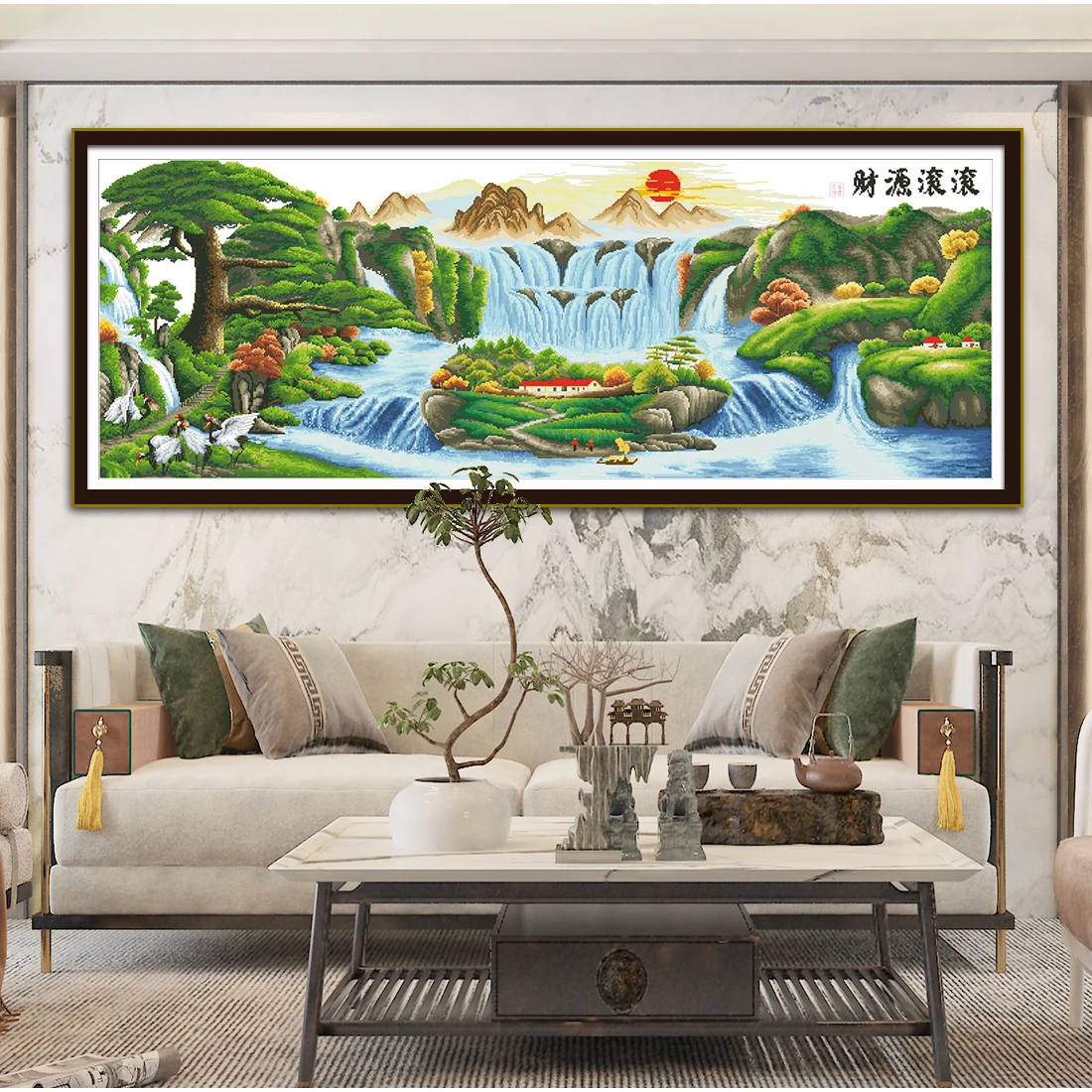 

DIY Chinese Feng Shui Cross Stitch Kit, Bring in Wealth and Treasure Landscape with Waterfall and Red Day, Adapted to Home Office Decoration