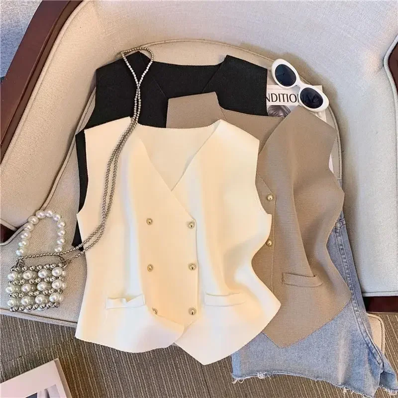 سترة تويد للنساء مزدوجة الصدر ورقبة على شكل V مستوحاة للخريف بطبقة أنيقة مصممة أوروبية بدون أكمام #2