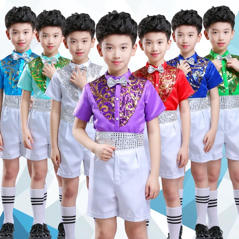 Jazz Dance Costumes Kids Stage Show Clothing Short Sleeve Sequin Performance Colorful Costume Children Practice Suits DNV11582