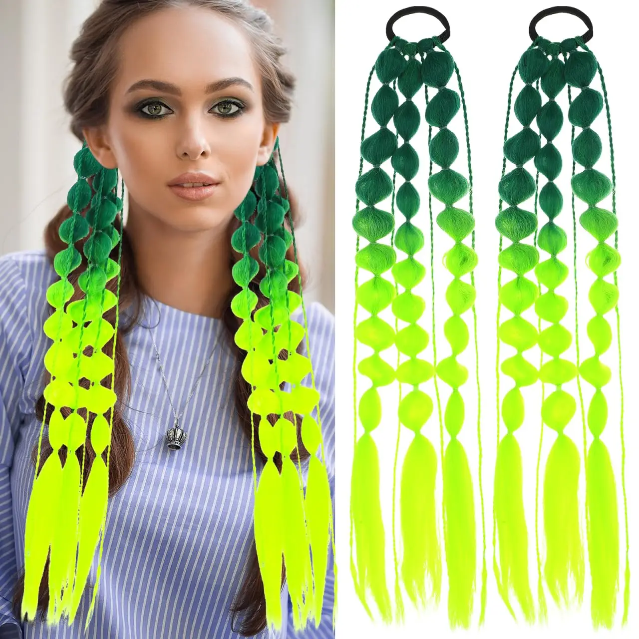 2Pc Synthetic Hair Wig Ponytail Extension Hairpieces Pink Long Lantern Bubble Braid Kinky Straight Women Girl Halloween Costume