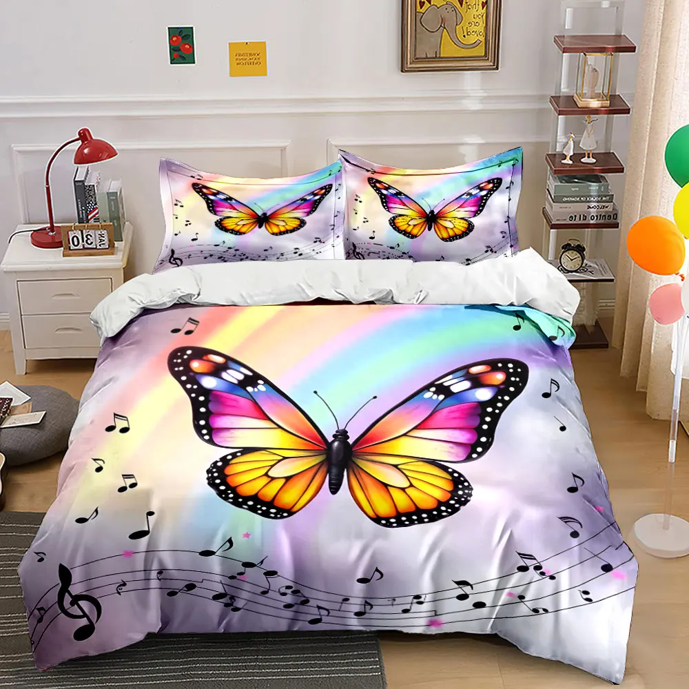Rainbow butterfly with musical notes Print Bedding Set 1 Duvet Cover 2 Pillowcases for Adult and Children Luxury Gift Full Size