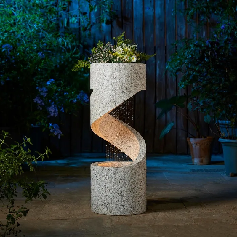 Outdoor Water Fountain with LED Light, Curved Waterfall Fountain with Stone Planter, Faux Terrazzo Spiral Shaped Fountain