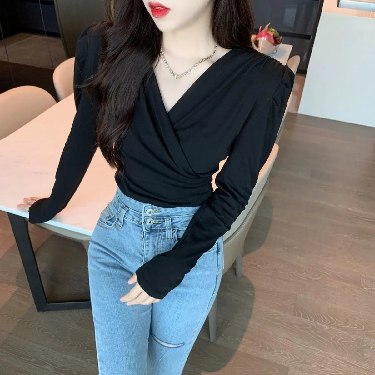 Tops Woman Plain Autumn Winter Long Sleeve T Shirt for Women Cross V Neck Japanese Vintage Fashion Clothing Female Pulovers Sale