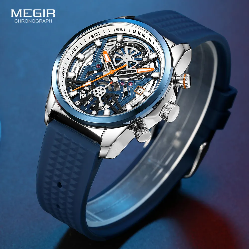 MEGIR Sport Chronograph Watch for Men Navy Blue Silicone Strap Waterproof Quartz Wristwatch with Auto Date Luminous Hands 2235