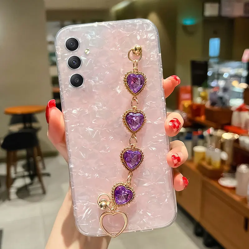 Luxury Diamond Bracelet Chain Phone Case For Samsung galaxy A54 5G A34 A14 Case Glitter Heart On galaxyA54 A 54 Strap Cover Capa