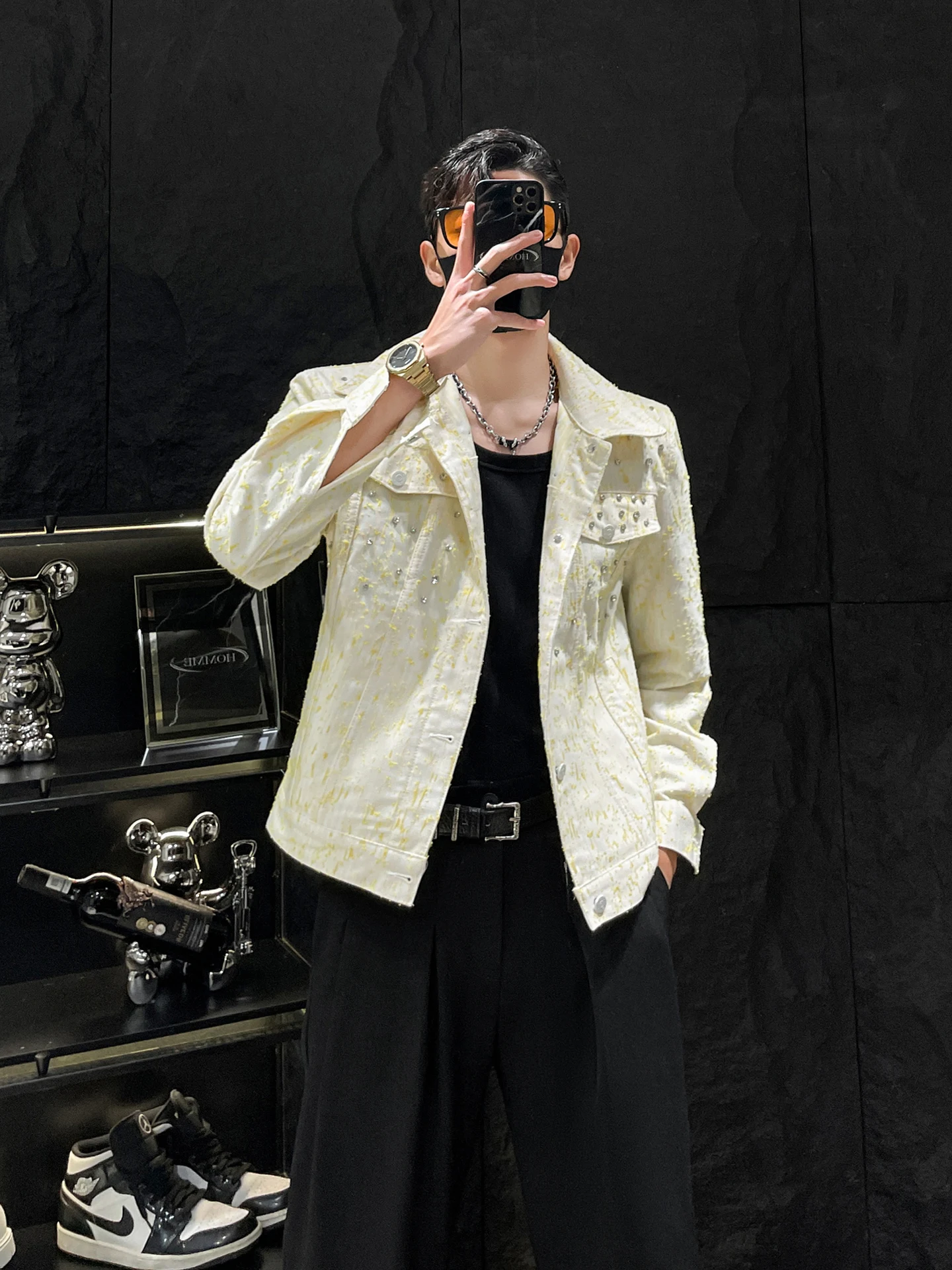 

Мужская джинсовая куртка HOMME со встроенным бриллиантами, молодежная энергетическая длинная куртка с воротником-стойкой и воротником-стойкой