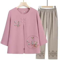 Mom's Costume Chiffon Seven Points Sleeve T-shirt Two Piece Set Summer Middle Aged Elderly People Grandma Chiffon Clothes Suit