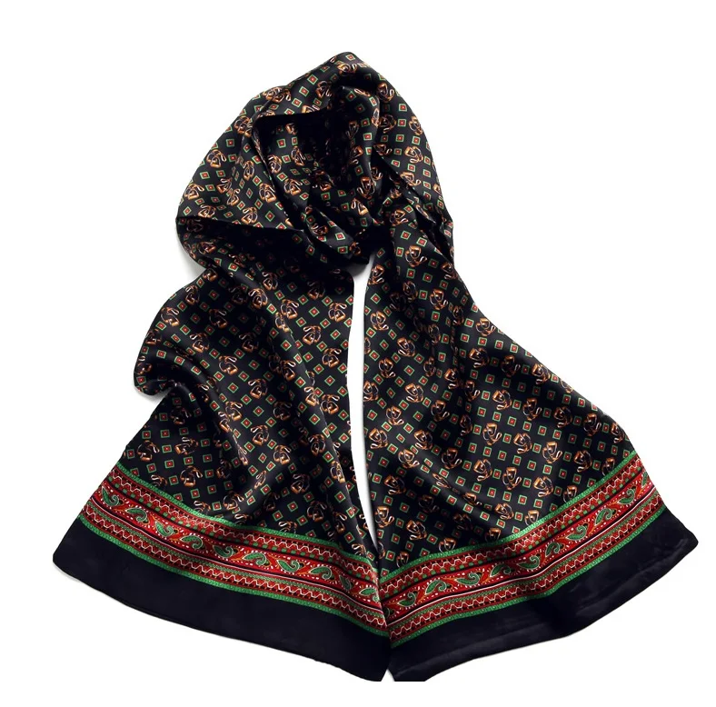 Bufanda larga de seda de morera para hombre, pañuelo con estampado de doble capa, color negro, rojo y marrón claro, 100%