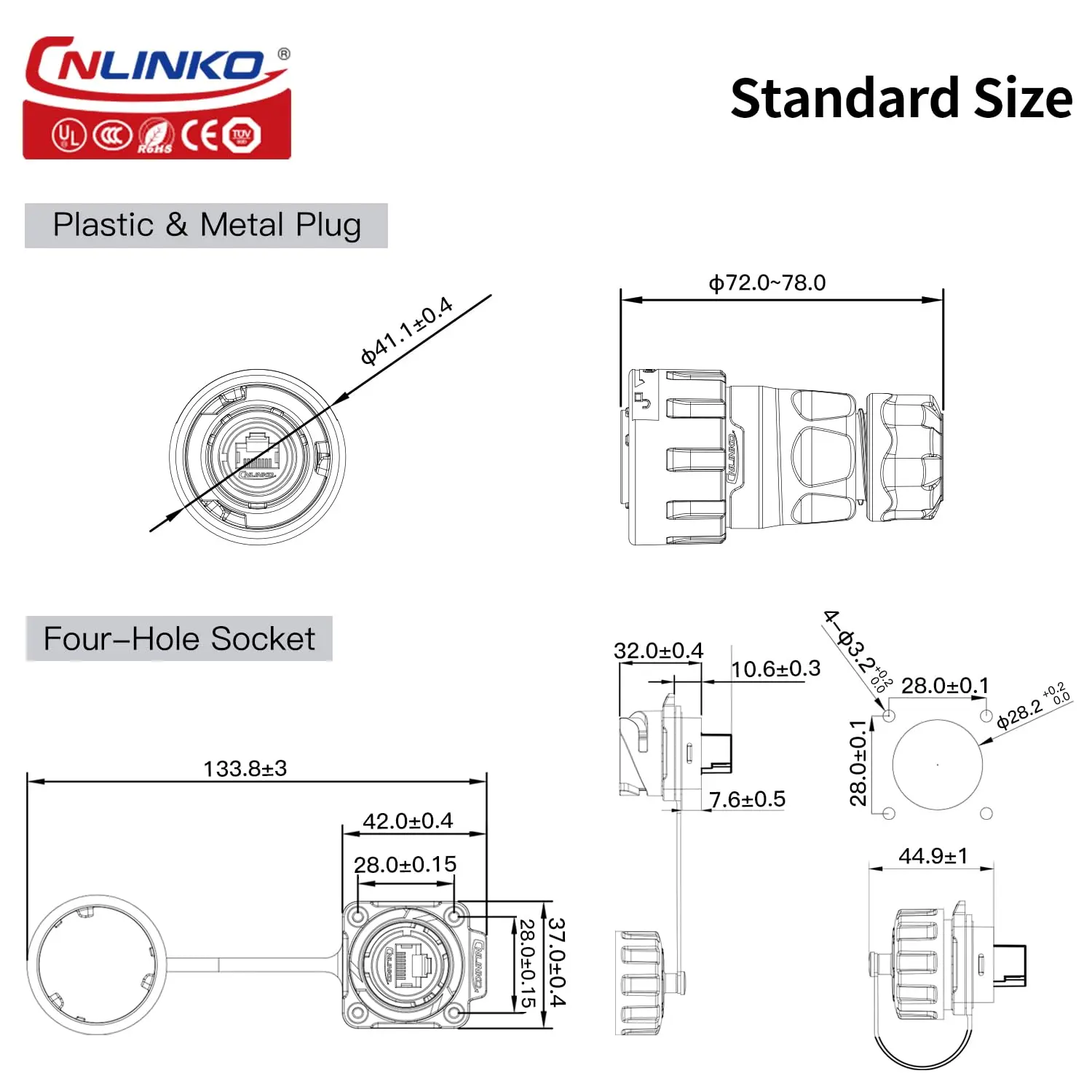 CNLINKO YM24 PBT Plastic Waterproof RJ45 Cable Signal Connector Cat3 CAT6 Panel Mount Socket Plug Network Ethernet Interface
