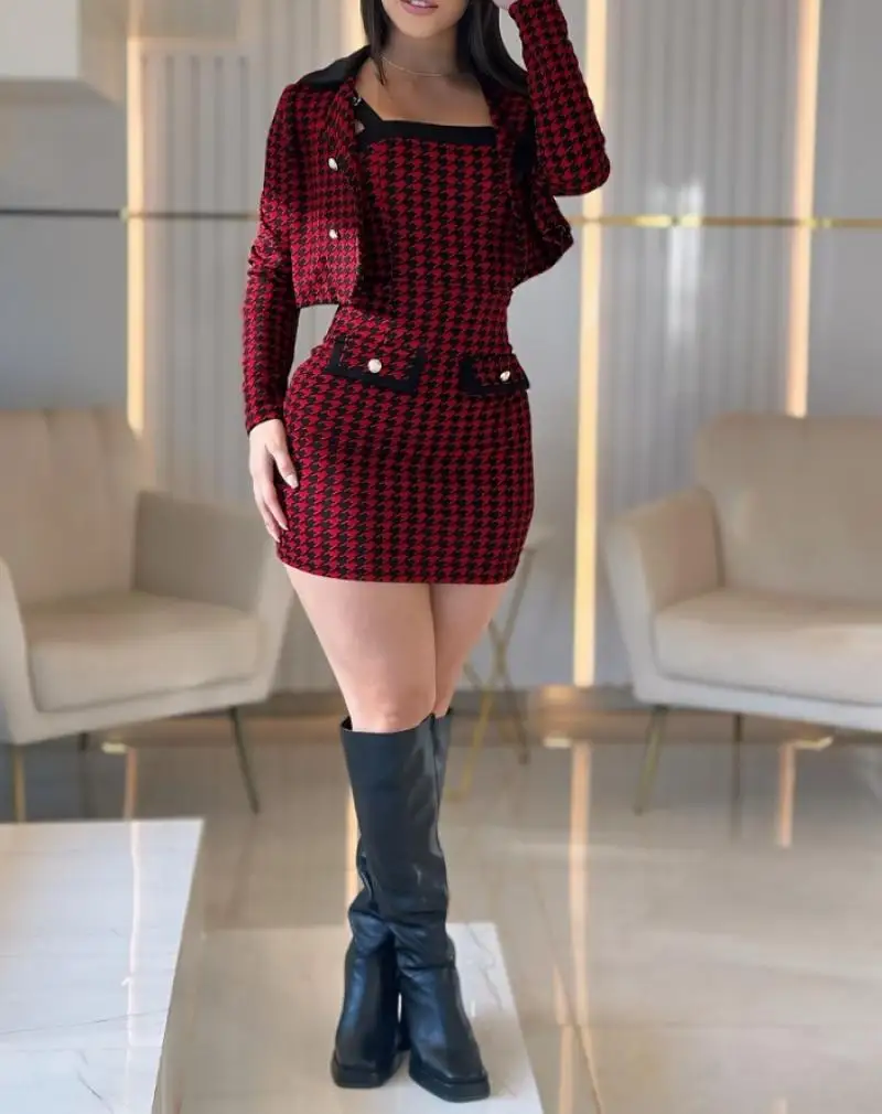 College Style Elegant 2-Piece Sets for Women Red Houndstooth Printed Tight Fitting Dress Button Short Jacket Short Skirt Sets