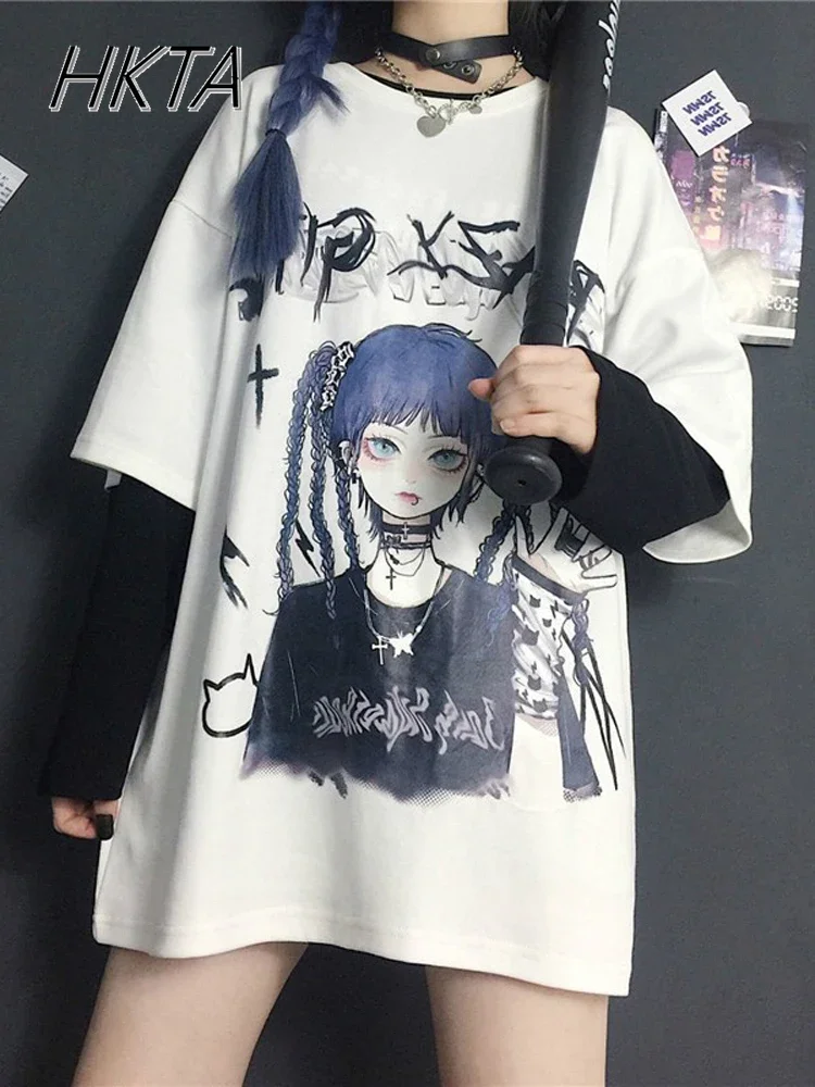 Dark Summer Oversized T Shirt Women Subculture Wear Anime Two-dimensional Short-sleeved T-shirt Y2k Millennial Style Punk JK Top