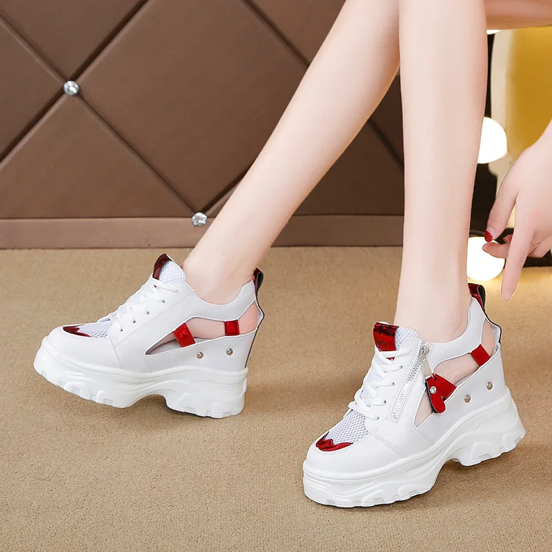 Summer Women Sneakers Mesh High Platform Trainers White Shoes 9CM Heels Wedges Sandals Breathable Woman Casual Outdoor Shoe