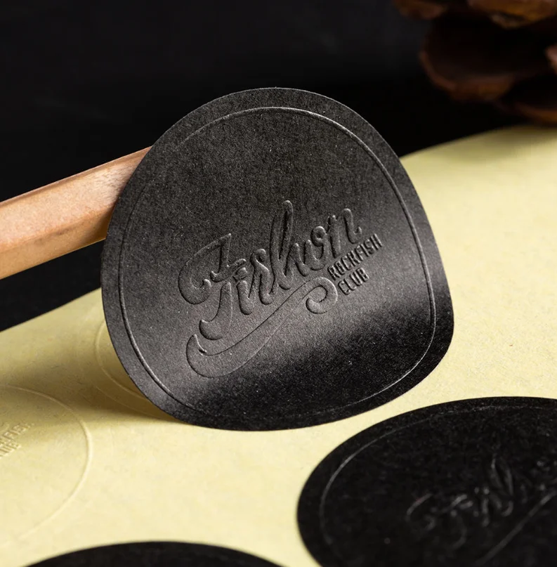 Customized Logo Texture Paper 3D Embossed Black Paper Packaging Various Shapes Label Stickers