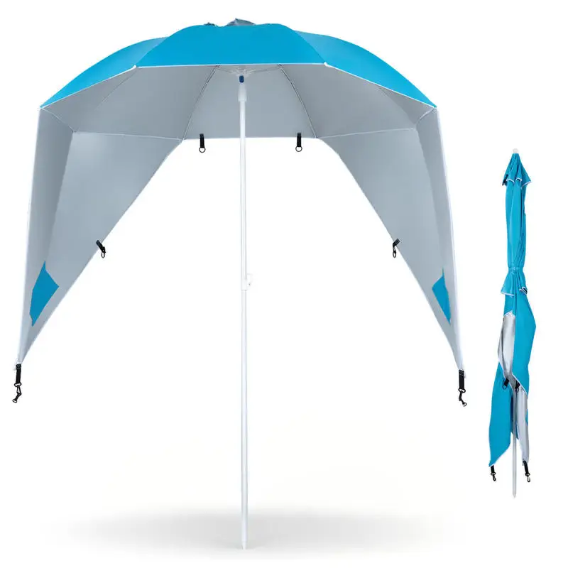 2 In 1 Beach Umbrella Tent With Side Panels, Silver Coated Oxford Cloth Sun Shelter With Vent, Portable Shade Canopy For Camping Fishing Picnic, Turquoise