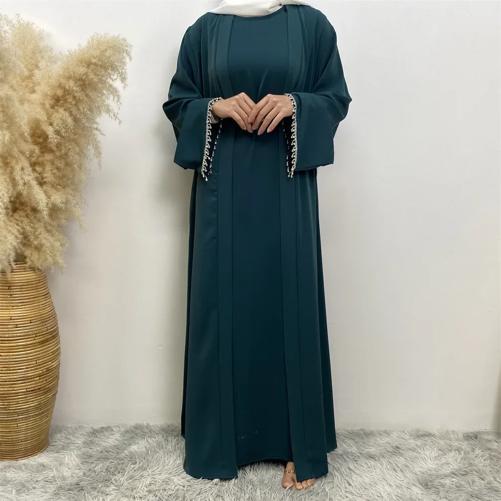 Muzułmańskie kobiety Otwarte Kimono Abaya Kardigan Maxi Sukienka Dwuczęściowy Zestaw Dopasowane Stroje Eid Ramadan Islamska Kaftan Jalabiya Robe Gown