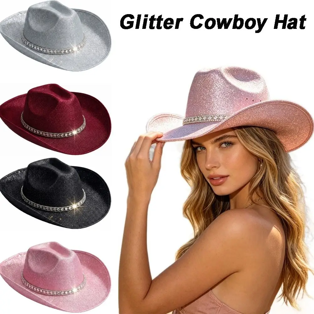 Sparkling Glitter Fabric Glitter Cowboy Hat Wide Curved Brim Rhinestone Band Sparkly Cowboy Hat Lightweight Structured Fit