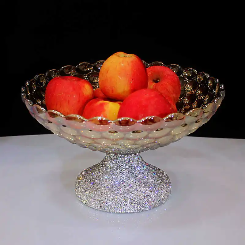 Bling Diamond Glass Fruit Tray High Foot Collar Tea Table Home Snacks Tea Points Plate Candy Bowl Dessert Snack Display Tray