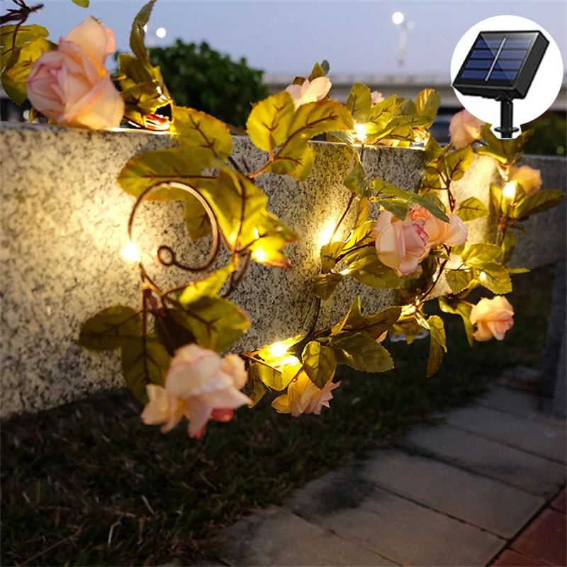 Solar Powered Sunflower Rose String Lights Artificial Ivy Leaves LED Fairy Lights Christmas Wedding Yard Fence Wall Decoration