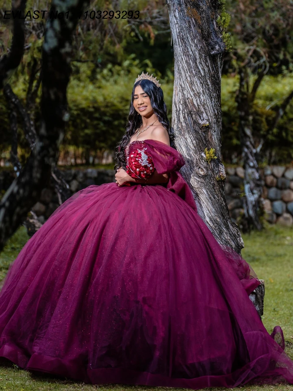 EVLAST Aangepaste Glitter Donkerroze Baljurk Quinceanera Jurk Kant Applique Kralen Strik Sweet 16 Vestidos De 15 Anos E1QN235