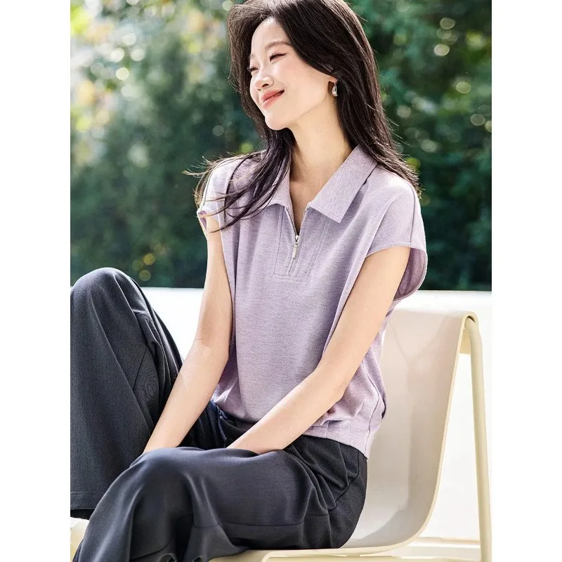 Women's Polo Shirt Zip Neck Cap Sleeve Casual Golf Top Summer Blouse