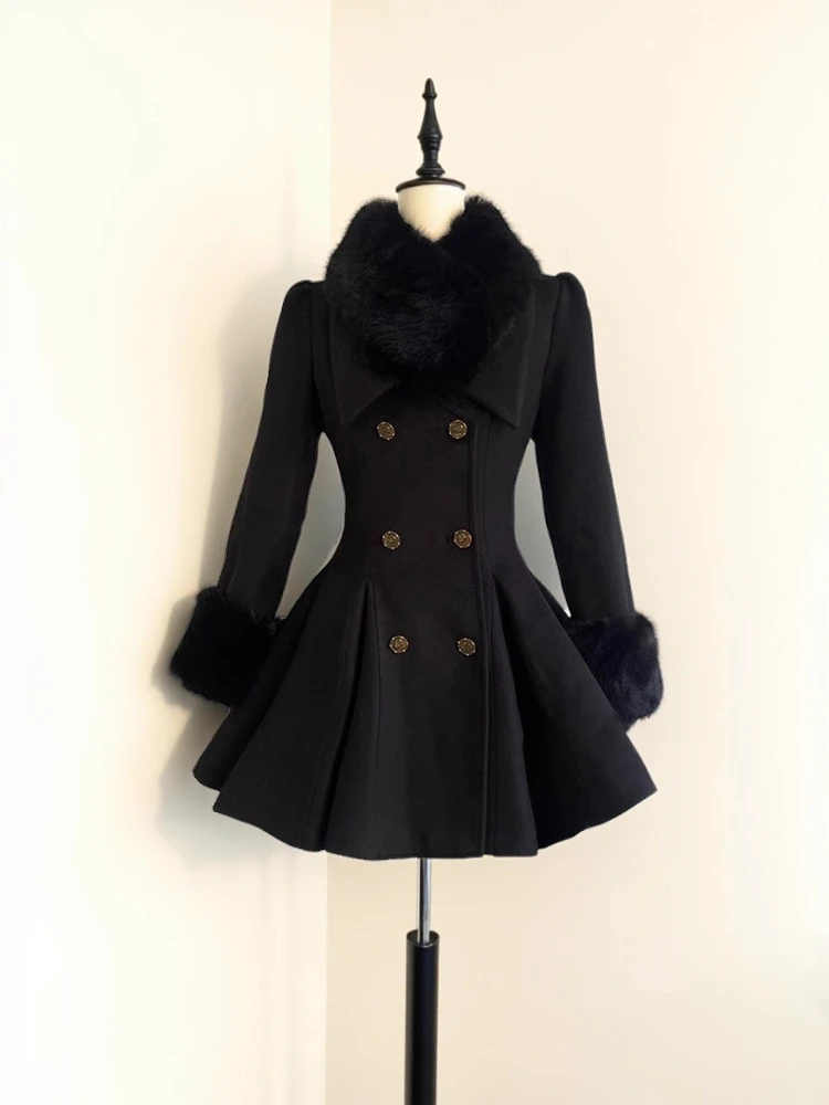 Hiver Hepburn noir col de fourrure laine tissu manteau femmes Vintage mode mince élégant pardessus chaud décontracté à manches longues tenues