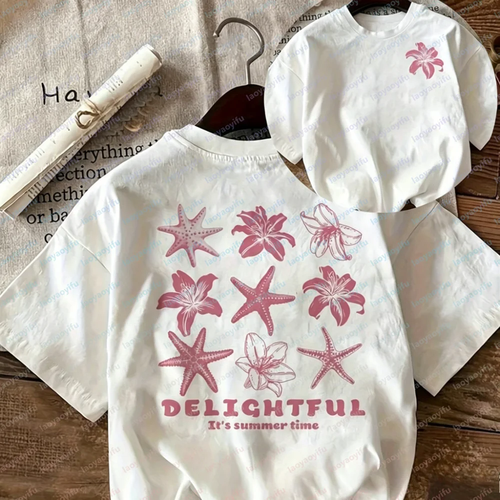 Summer Delightful Starfish Flower Graphic T-Shirt Women Casual Cotton Short Sleeve Beach Vacation Tee Funny Outdoors Short-sleev