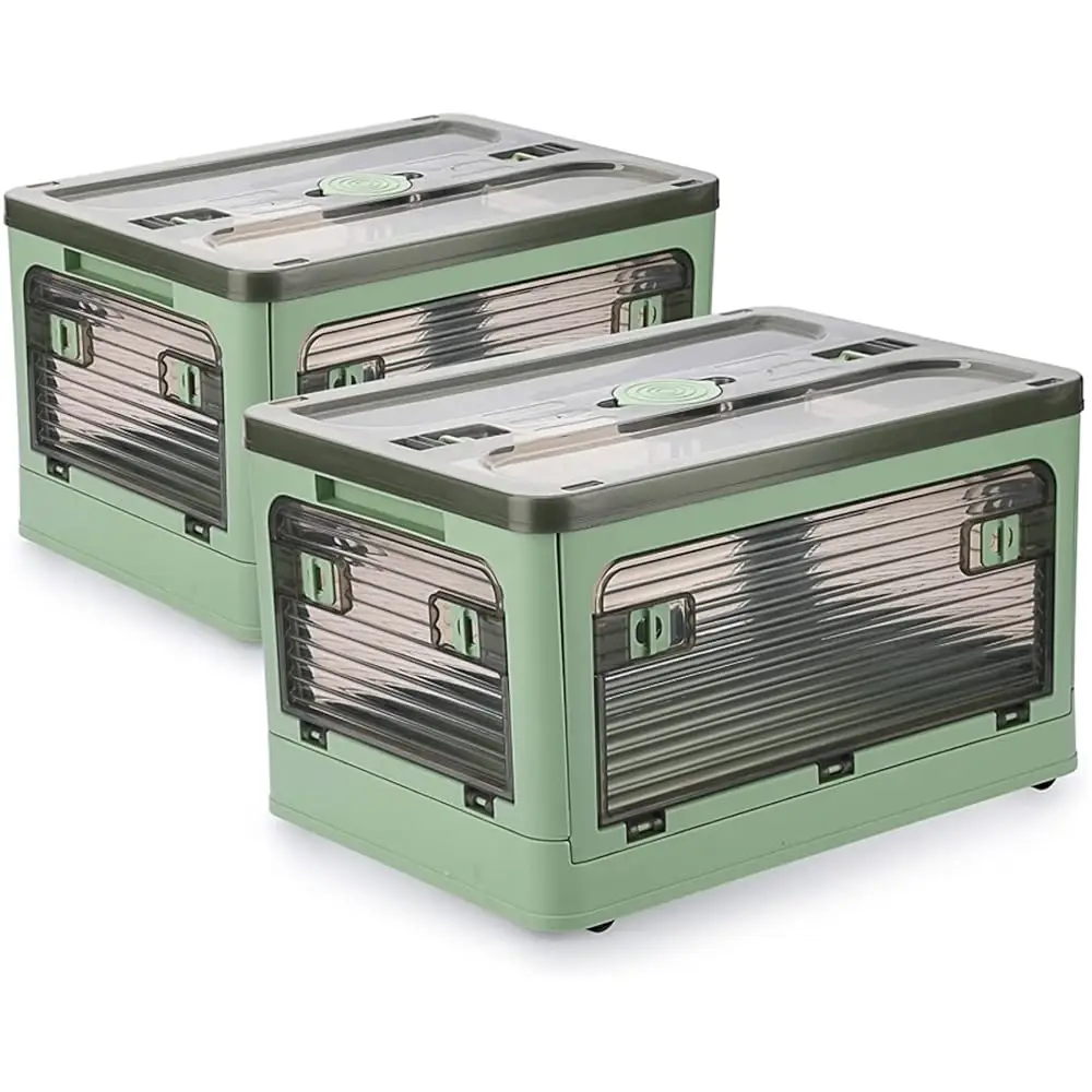 

Folding Storage Bins, 36 Liters, 2 Pcs Green Plastic Storage Containers With Wheels, Four Doors, Foldable, Stackable, Plastic