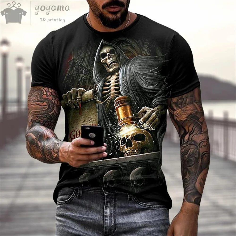 Men\'s Hip Hop Skull Print T-Shirt 3D Fashion Short-Sleeved Tee O-Neck Oversized T-Shirt Horror Skull Print T-Shirts for Men Tops