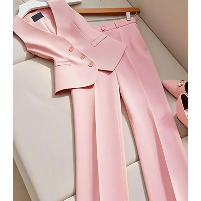 Fashion Office Lady Suit Women\'s V-Neck Single Breasted Blazer Vest + High Waist Wide Leg Pants 2-Piece Set Formal Outfits 268P